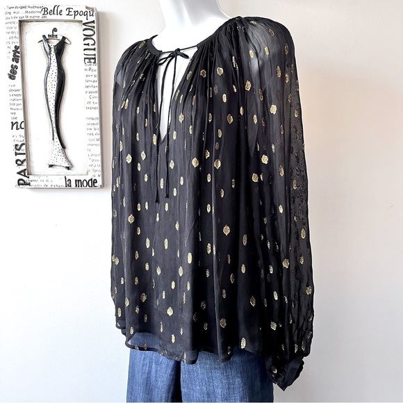 FRAME Black Sheer Gold Metallic Tie Neck Long Sleeve Blouse Women’s Top Size M - Picture 6 of 11
